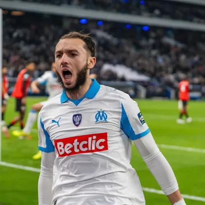 احتفال أمين غويري لاعب أولمبيك مارسيليا بتسجيل هدف في مرمى رين بكأس فرنسا - 3 يناير 2026