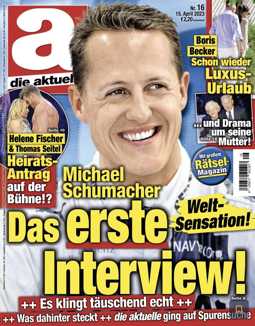 غلاف مجلة دي أكتوايله الألمانية التي نشرت مقابلة وهمية مع مايكل شوماخر - 15 أبريل 2023