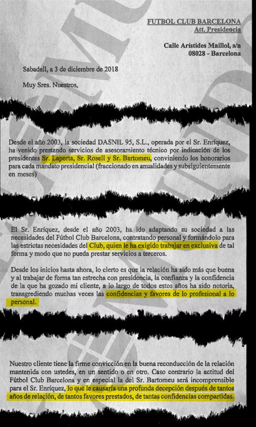 نسخة من الرسالة التي وجّهها الحكم السابق خوسيه ماريا إنريكيز نيغريرا إلى برشلونة