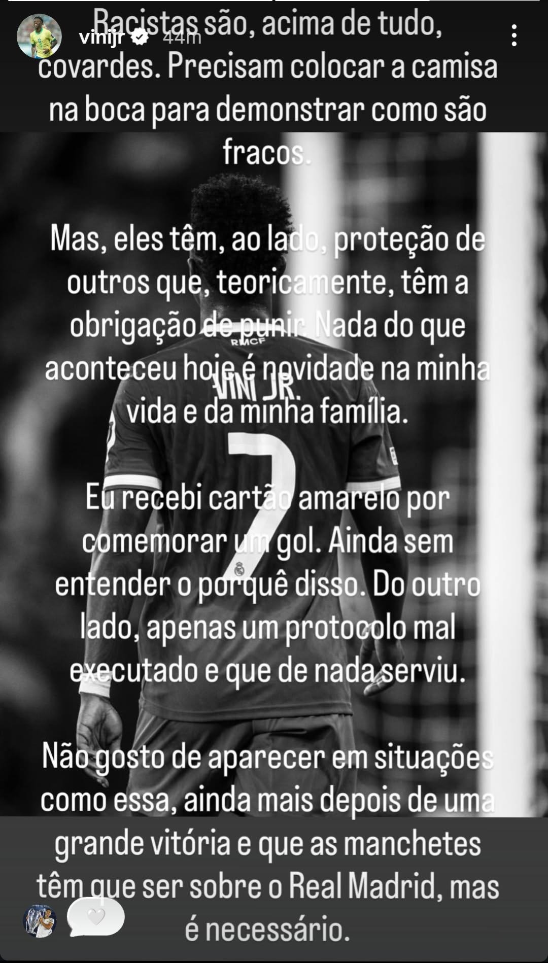 بيان فينيسيوس جونيور لاعب ريال مدريد عبر حسابه في إنستغرام بعد حادثة ملعب بنفيكا في دوري أبطال أوروبا - 17 فبراير 2026