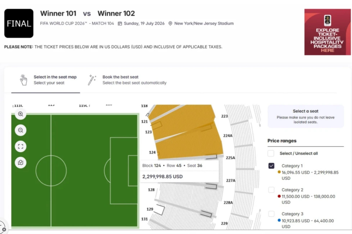 أسعار إعادة البيع على منصة FIFA Marketplace لنهائي كأس العالم 2026 - 25 أبريل 2026