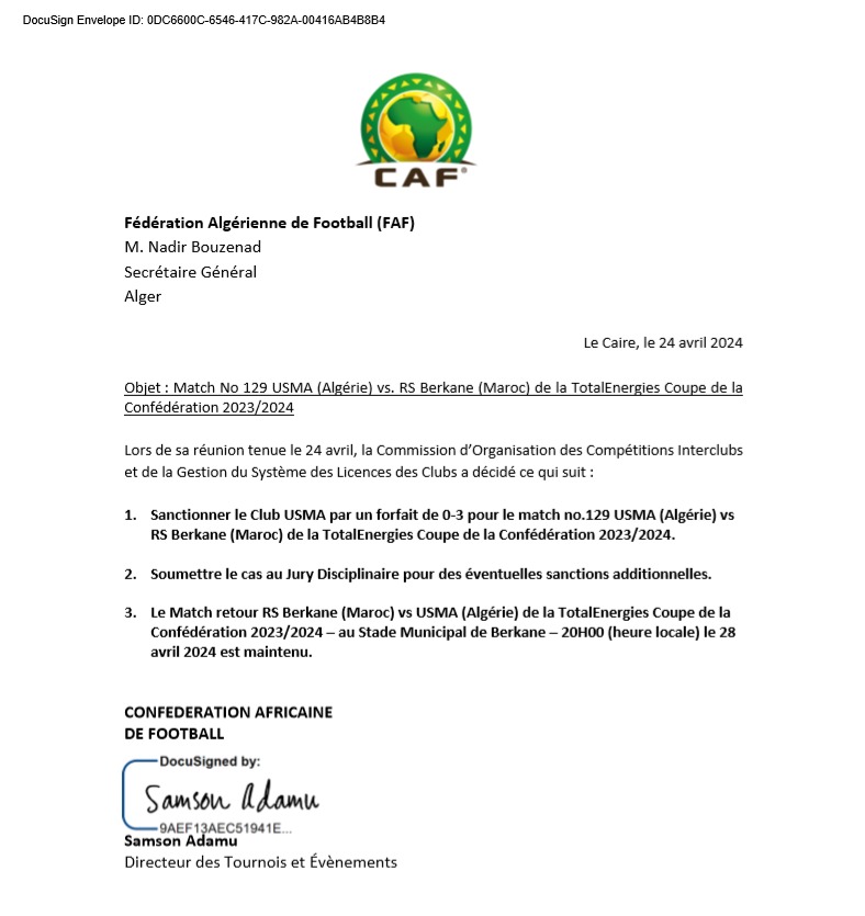 بيان الاتحاد الإفريقي لكرة القدم بشأن مباراة اتحاد العاصمة الجزائري ونهضة بركان المغربي في ذهاب نصف نهائي االكونفدرالية - 24 أبريل 2024