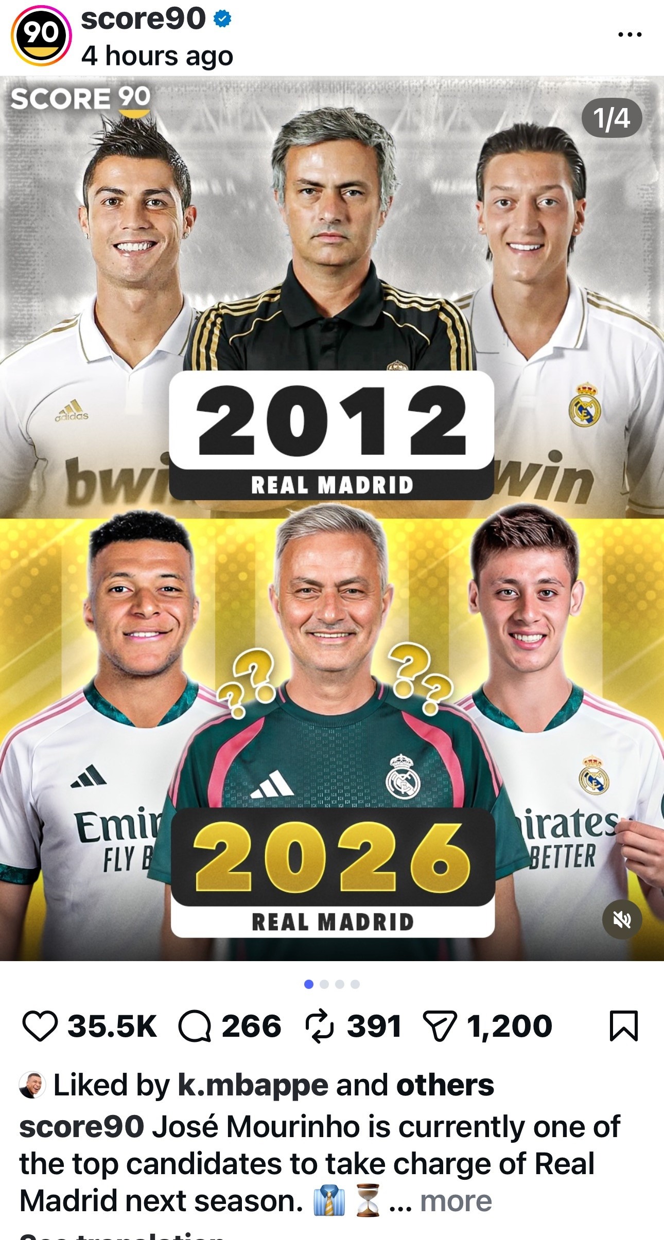 منشور حصل على إعجاب لاعب ريال مدريد كيليان مبابي على إنستغرام عن المدرب المقبل للفريق - 22 أبريل 202