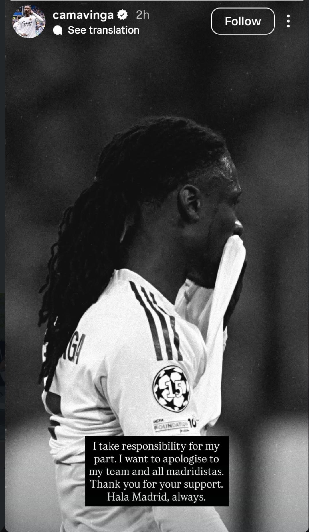 رسالة إدواردو كامافينغا لاعب ريال مدريد عبر حسابه في إنستغرام - 16 أبريل 2026