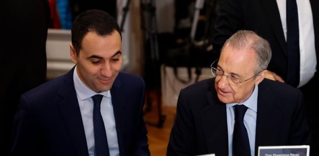 فلورنتينو بيريز رئيس ريال مدريد والمغربي أنس الغراري السكرتير العام لمشروع دوري السوبر الأوروبي