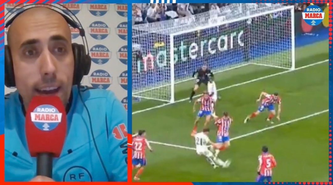 لحظة تسديد براهيم دياز لكرة هدف ريال مدريد الثاني أمام أتلتيكو مدريد في ذهاب ثمن نهائي دوري أبطال أوروبا