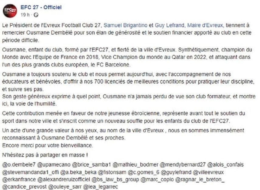 بيان نادي إفرو الفرنسي يشكر من خلاله عثمان ديمبيلي