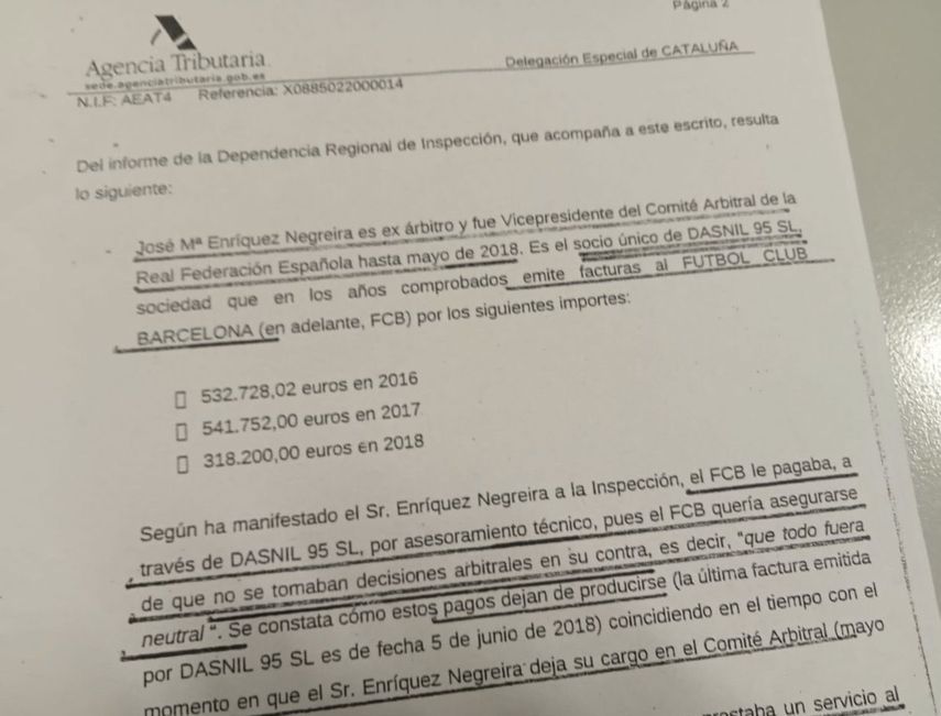 نسخة من تقرير مصلحة الضرائب بشأن مدفوعات برشلونة للحكم السابق خوسيه ماريا إنريكيز نيغريرا - 15 فبراير 2023