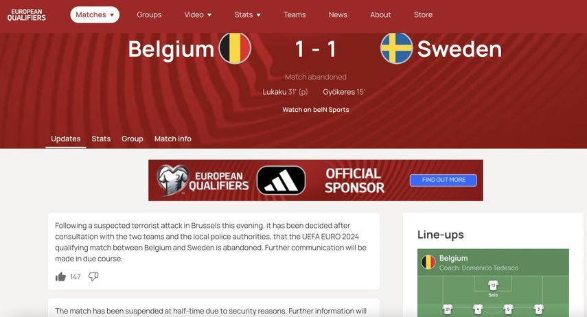 بيان إلغاء مباراة بلجيكا والسويد من موقع يويفا الرسمي