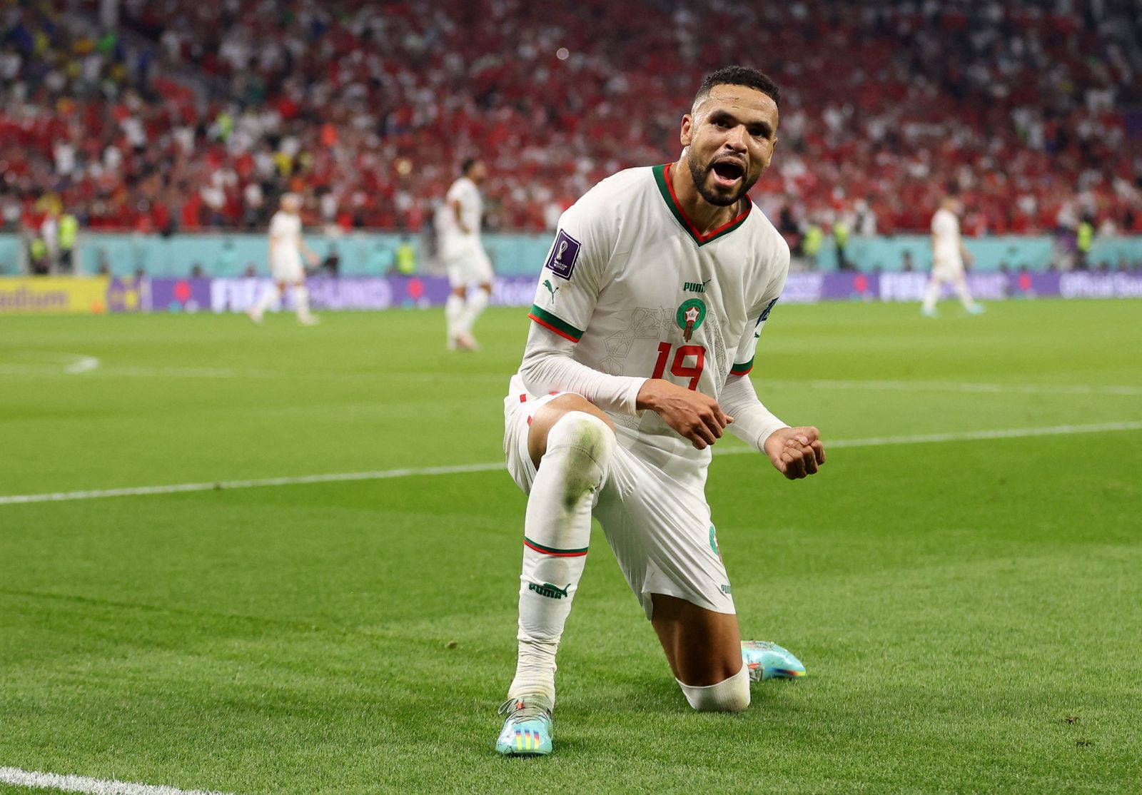 يوسف النصيري يحتفل بعد تسجيل الهدف الثاني للمغرب أمام كندا - 1 ديسمبر 2022