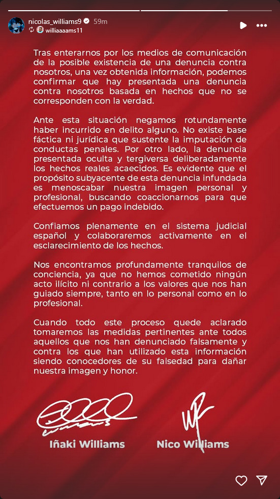 بيان للشقيقين إينياكي ونيكو ويليامز لاعبي أتلتيك بلباو بعد اتهامهما باختلاس سيارة فاخرة - 31 يوليو 2025