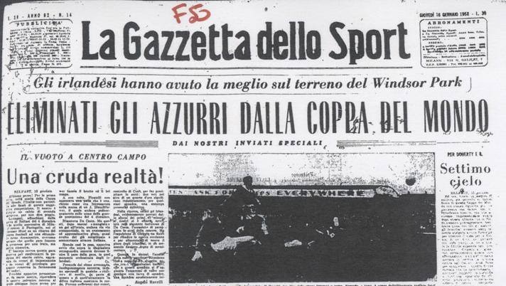 عنوان صحيفة La Gazzetta dello Sport بعد إقصاء منتخب إيطاليا من تصفيات كأس العالم 1958 - 13 نوفمبر 2021