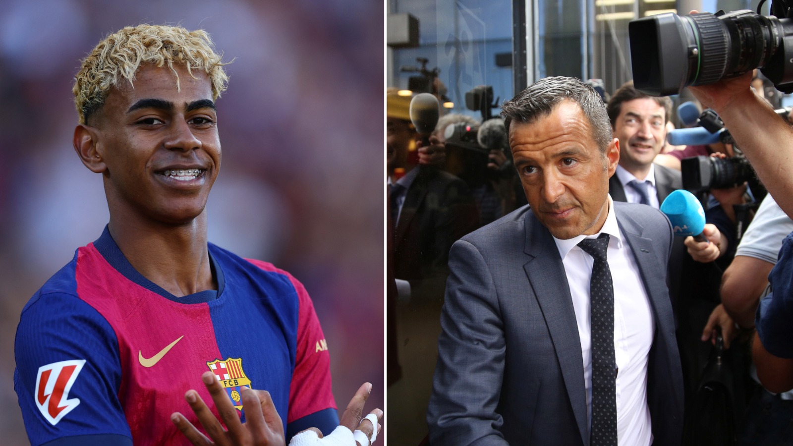 الوكيل خورخي مينديز ولاعب برشلونة لامين يامال في صورة مركبة